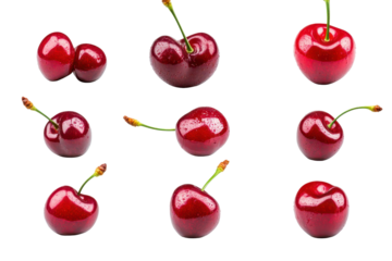 Juicy and vibrant cherry collection showcasing fresh red cherries isolated on a clean surface with water droplets capturing their natural shine and allure