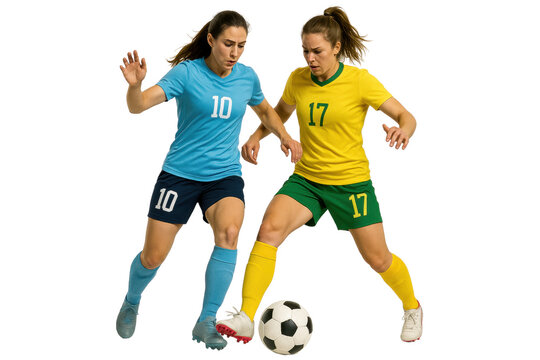 Soccer Players in Action: Two female soccer players, one in a light blue jersey and the other in a yellow jersey, compete fiercely for the ball on a field.