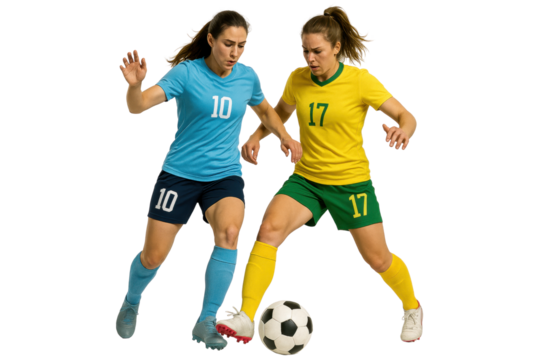 Soccer Players in Action: Two female soccer players, one in a light blue jersey and the other in a yellow jersey, compete fiercely for the ball on a field.
