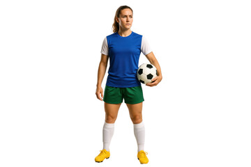 Soccer Player's Stance: Capturing a confident female soccer player poised in athletic attire, clutching a soccer ball. Ready for action, the player exudes a sense of focus and determination.