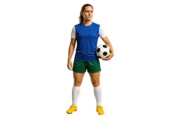 Soccer Player's Stance: Capturing a confident female soccer player poised in athletic attire, clutching a soccer ball. Ready for action, the player exudes a sense of focus and determination.