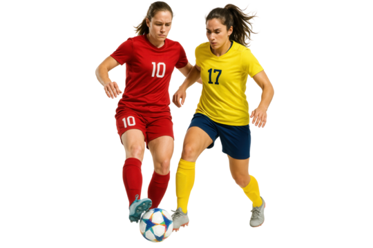Dynamic Soccer Showdown: Two female soccer players locked in an intense game, competing for control of the ball, showcasing agility, strength, and unwavering focus.