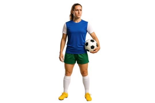 Soccer Player's Stance: Capturing a confident female soccer player poised in athletic attire, clutching a soccer ball. Ready for action, the player exudes a sense of focus and determination.