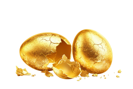 Realistic depiction of broken and exploded golden Easter eggs scattered on a light background