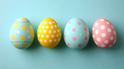 Fototapeta premium Top view photo of easter decorations multicolored easter eggs on isolated pastel blue background