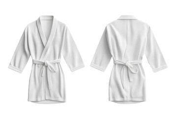 Empty white hotel bathrobe mockup displayed from front and back angles for spa, hospitality, or fashion design reference in a minimalist style