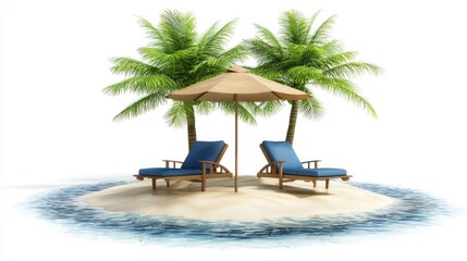 Tropical island getaway with beach chairs and umbrella.