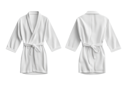 Empty white hotel bathrobe mockup displayed from front and back angles for spa, hospitality, or fashion design reference in a minimalist style