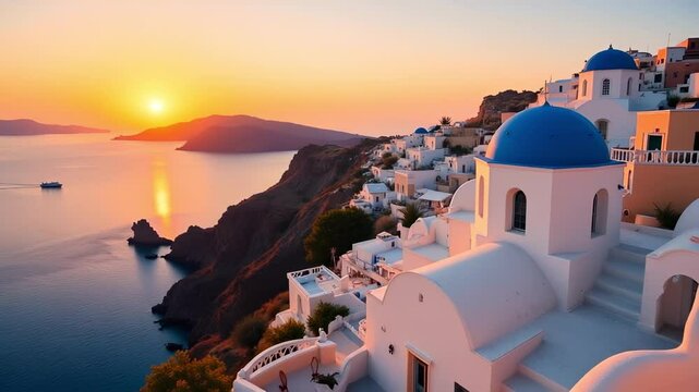 Stunning Golden Hour Santorini View Whitewashed Buildings Cascading to the Aegean Sea Blue Domes Caldera Terraces 4K