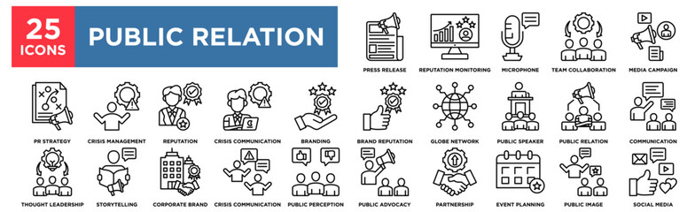 Public Relation icon collection set. Containing team collaboration,public speaker,reputation,press release,public image Simple line vector.