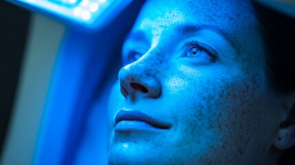 Close-up of UV light device emitting blue glow on clear skin, dermatology treatment for acne or skin disinfection, medical technology and skincare concept.