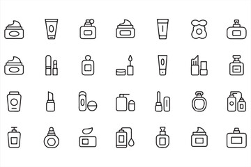 Set of 30 minimalist line icons representing beauty and personal care items like perfume, skincare, lotion, and lipstick in vector format