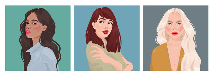 Set of portraits of women of different gender and age. Diversity.  flat illustration. Avatar for a social network.  Vector flat illustration