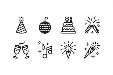 Consistent line style vector icons of party and celebration elements including music notes, party poppers, and cake