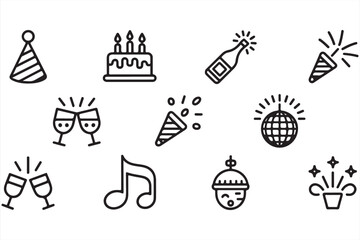 Fototapeta premium Vector illustration of festive party icons including birthday cake, champagne, party hats, and disco ball in clean black line style