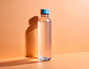 Clear Water Bottle with Blue Cap Against an Orange Background