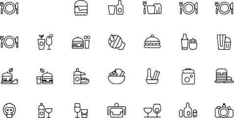  Vector illustration of a clean grid displaying 30 minimalist food and beverage icons including burgers, drinks, utensils, and desserts in modern line style