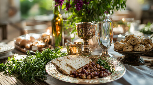 Traditional side view Jewish Passover celebration featuring a Seder plate, Matzo bread