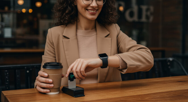 Woman paying with smartwatch at a cafe with a cup of coffee