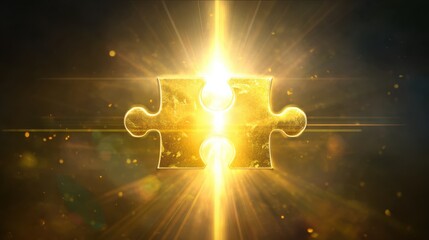 Confident Goal Program concept. Golden puzzle piece with radiant light effect.