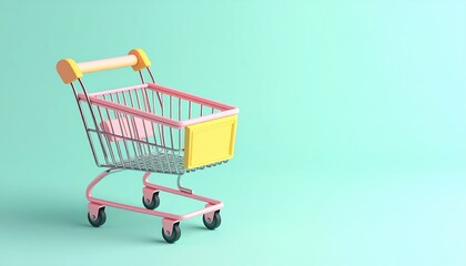 Pastel Pink Shopping Cart on Aqua Background Ideal for E commerce and Retail Websites.(3D Rendered Image)
