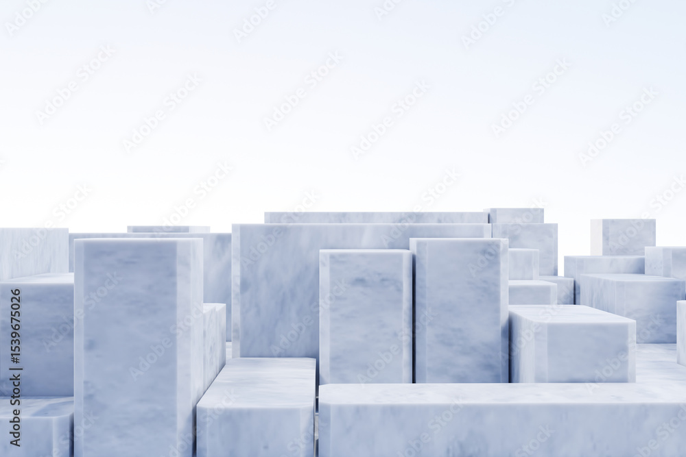 Poster 3d render design, ice snow square rectangle box, block and cube podium background. concept display s