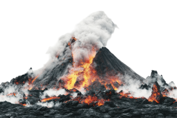 Volcanoes erupting with smoke and lava at the peak of volcanic activity during the early morning hours in a remote landscape