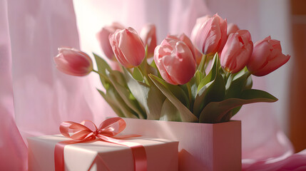 Fototapeta premium Tulips with a wrapped present on a pink backdrop symbolizing celebratory and heartfelt occasions