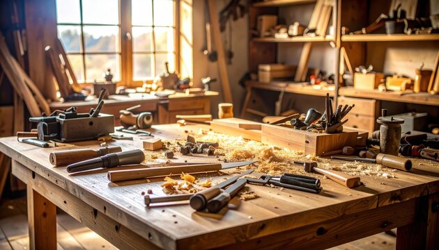 A Carpenter's Workshop Sunlit Woodworking Tools and Bench Detailed view of a craftsman's tools and sawdust
