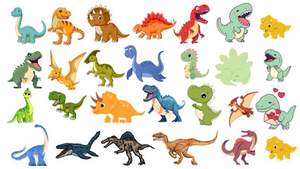 Collection of cartoon dinosaurs featuring various species and vibrant colors on white background © Decent Discoveries