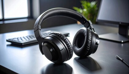 Professional Over Ear Headphones Resting on a Modern Desk near a Keyboard and Computer Monitor