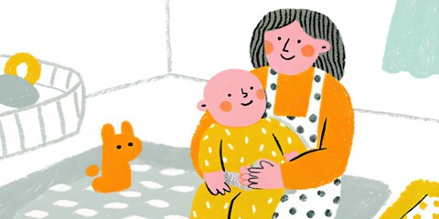 Obraz premium A cartoon illustration of a mother holding her baby in a nursery with toys around