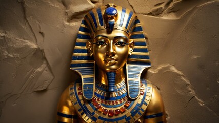 Close-up of ancient Egyptian golden pharaoh mask with rich blue inlay details and regal expression in archaeological setting. Glorious artifact of Tutankhamun-style burial mask. 1