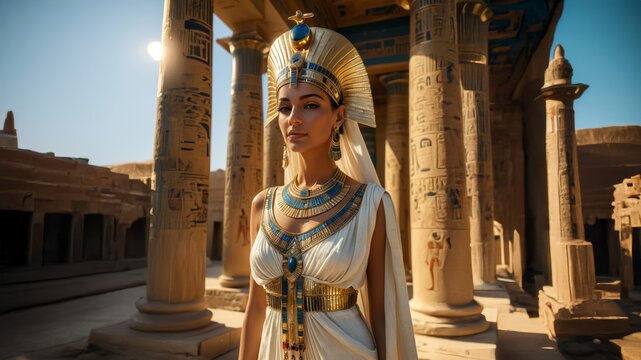 Elegant ancient Egyptian queen standing in golden sunlight among hieroglyph-covered columns, adorned in ceremonial jewelry and royal attire. Portrait of a majestic Egyptian empress. Nefertiti. 1 - Powered by Adobe