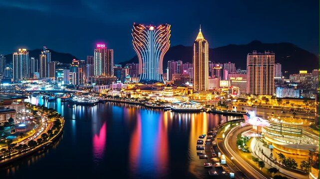 Vibrant Night Cityscape with Colorful Reflections on Water