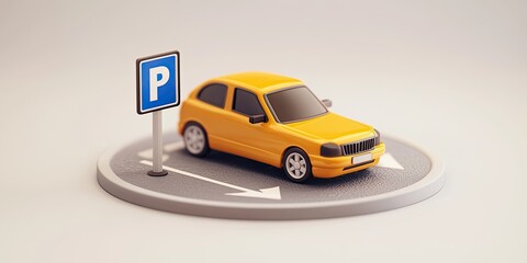 A miniature, yellow car parked in a parking spot, indicated by a sign.  A circular platform with directional arrows simulates a parking area