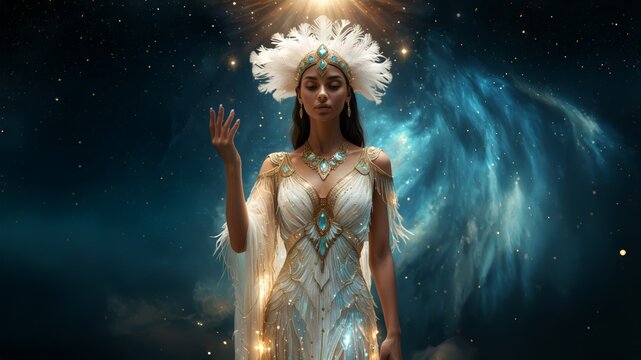 Celestial goddess in a radiant feathered gown surrounded by starlight, glowing with magic and grace in the depths of the cosmos. Ethereal cosmic queen dressed in light and feathers. 1