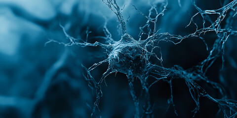 3D Render of Neural Network with Blue Effects, Neural Network in Digital Space, Brain and Neurons in Digital Concept


