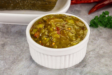 Souce gherkin relish with marinated cucumbers