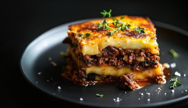 Close-up of a slice of Greek moussaka on a dark plate