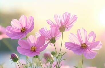 Obraz premium Delicate pink cosmos flowers in soft sunlight