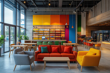 Modern interior design of a cafe with bright furniture and wooden tables in a shopping center.
