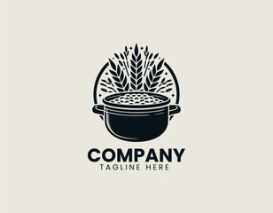 A vintage-style cooking pot with wheat stalks and rice grains in an ornate vector logo design for agricultural branding