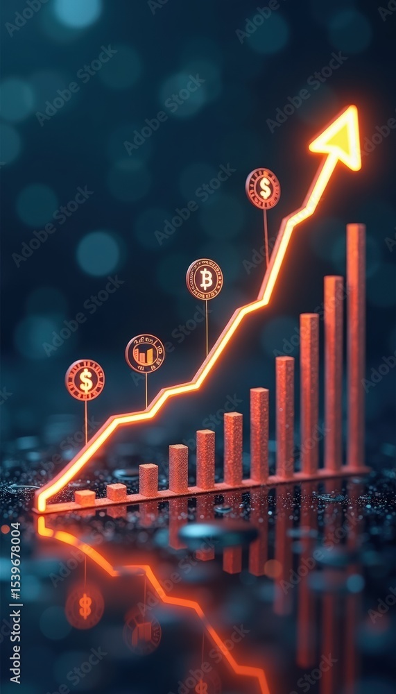 Poster dynamic graph illustrating growth with cryptocurrency icons and financial symbols in neon style
