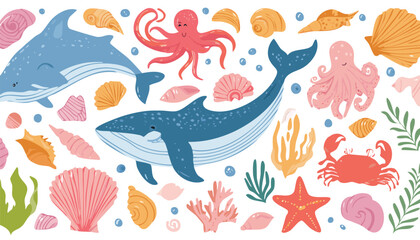 Fototapeta premium Hand drawn sea animals set. Wild marine life, seashells, fish, seaweed and corals. Whale, octopus, crab, seahorse, dolphin, killer whale, turtle, squid, cachalot. Vector.water, colourful, underwater, 