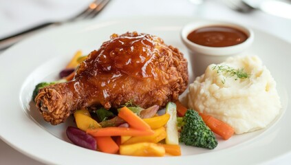 Crispy fried chicken leg, mashed potatoes, and colorful vegetables served on a white plate