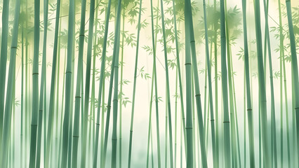 Vibrant green bamboo stalks form a serene forest, their leaves and branches creating a natural, abstract pattern of light and growth