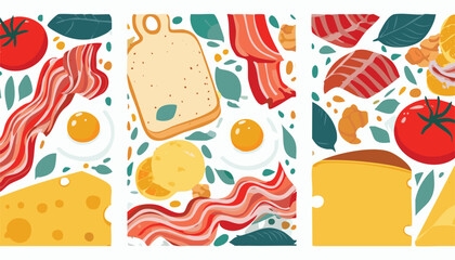 food posters for the kitchen. Trendy art prints hand drawn with eggs, bacon and tomatoes, pasta, bread, wine and cheese. Minimalist design for wall decor, restaurant menu,illustration, vector, 