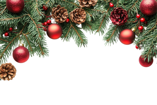 Festive Christmas decorations featuring fir branches, red balls, and pinecones set against a white background to create a joyful holiday atmosphere