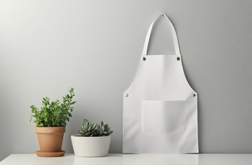 White apron hangs on gray wall, beside plants in pots